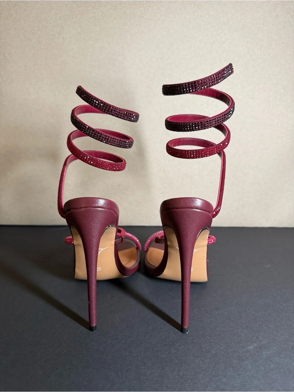 Spiral Wrap Stiletto Sandals in Burgundy and Pink - New - With Box
